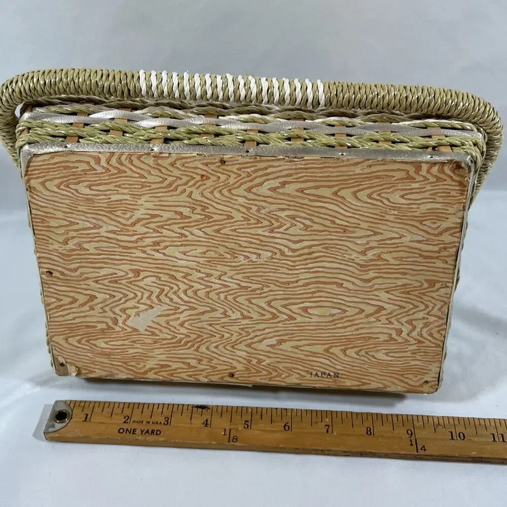 Vintage Woven Straw Wicker Sewing Basket Box Handle Satin Lining Rectangle